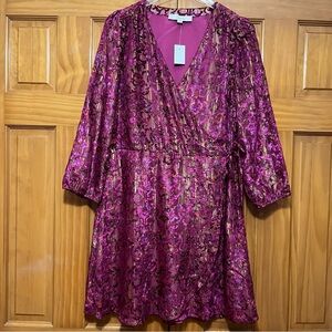 LOFT Pink and Purple Long Sleeve Metallic Wrap Dress